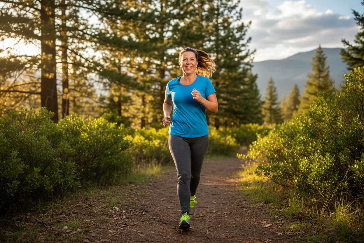 Mulher meia idade feliz corpo medio fazendo corrida 
